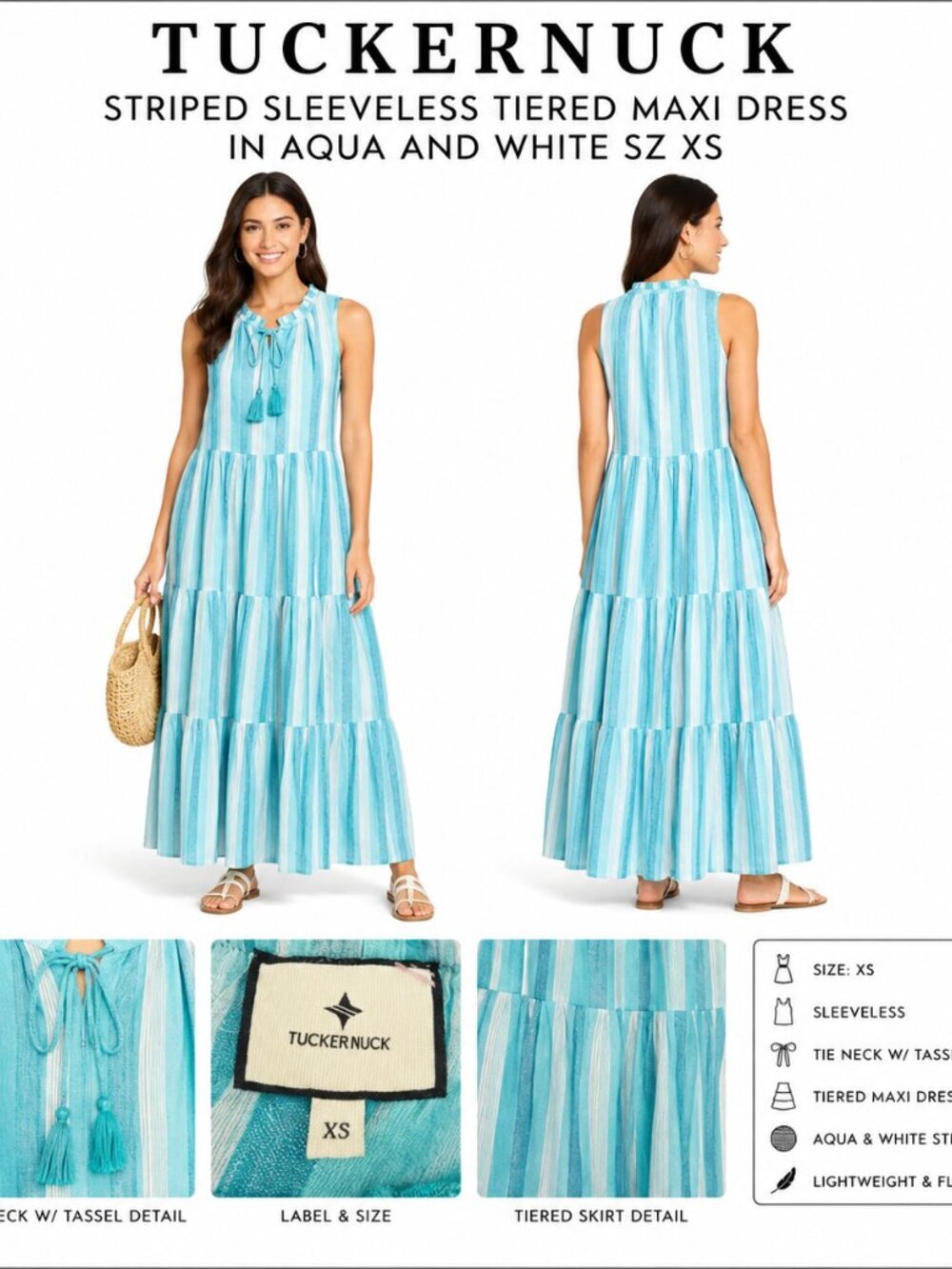 TUCKERNUCK AQUA WHITE STRIPED TIERED MAXI DRESS XS